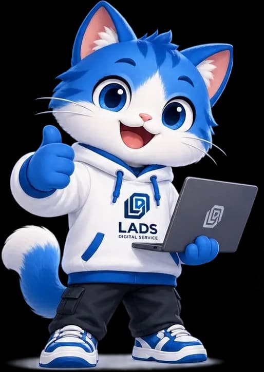LADS mascot — a blue cat in a LADS hoodie holding a laptop and giving a thumbs up